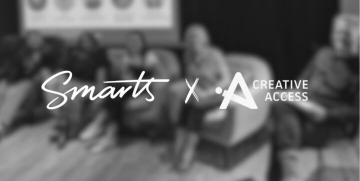 Smarts white logo with x and Creative Access white logo on black and white blurred image