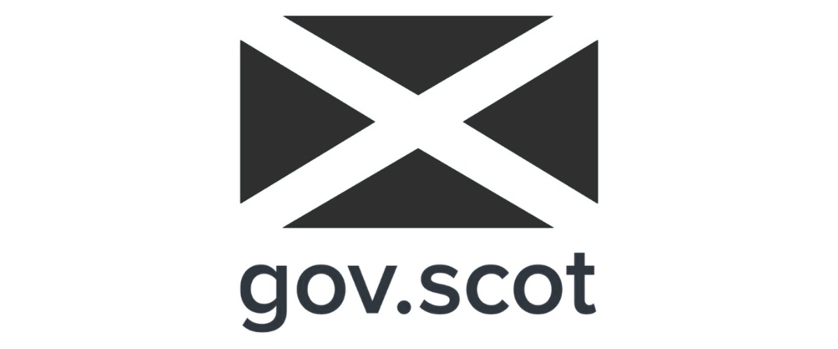 Black logo for Scottish Government with black version of Scottish flag and text saying gov.scot